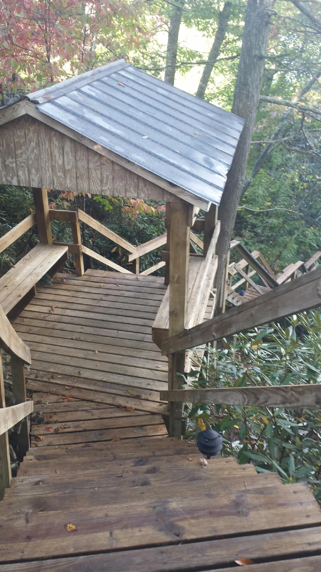 Metal roofed shelter over wooden steps on a wooded walkway — Skylight Repair & Installation work by our crew in Claremont